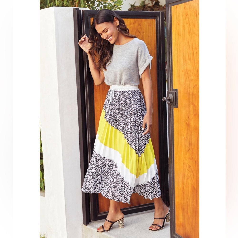 Evereve Jamison Pleated Colorblock Midi Skirt, Size L